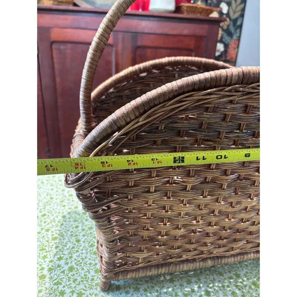 Vintage Woven Wicker Magazine Rack Basket with Handle Brown Rustic Farmhouse